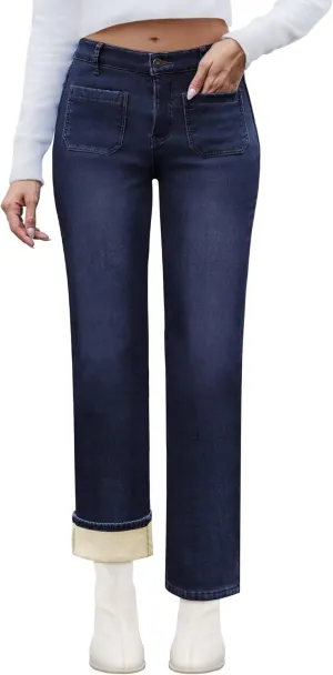 Fleece Lined Jeans Women Straight Leg High Waist Lined Jeans Winter Denim Pants for Women with Patch Pockets