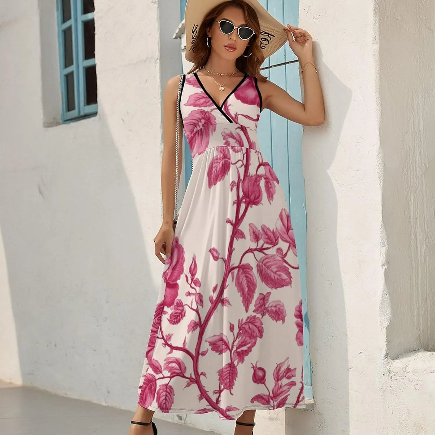 Floral Boho Dress for Women Sleeveless Deep V Neck Maxi Dresses Waist Tank Sundress Casual Summer Wedding Dress