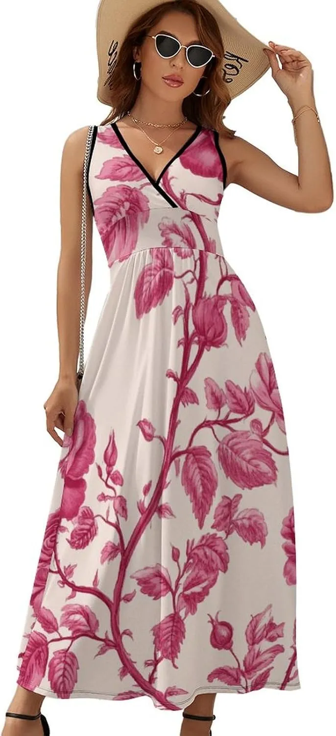 Floral Boho Dress for Women Sleeveless Deep V Neck Maxi Dresses Waist Tank Sundress Casual Summer Wedding Dress
