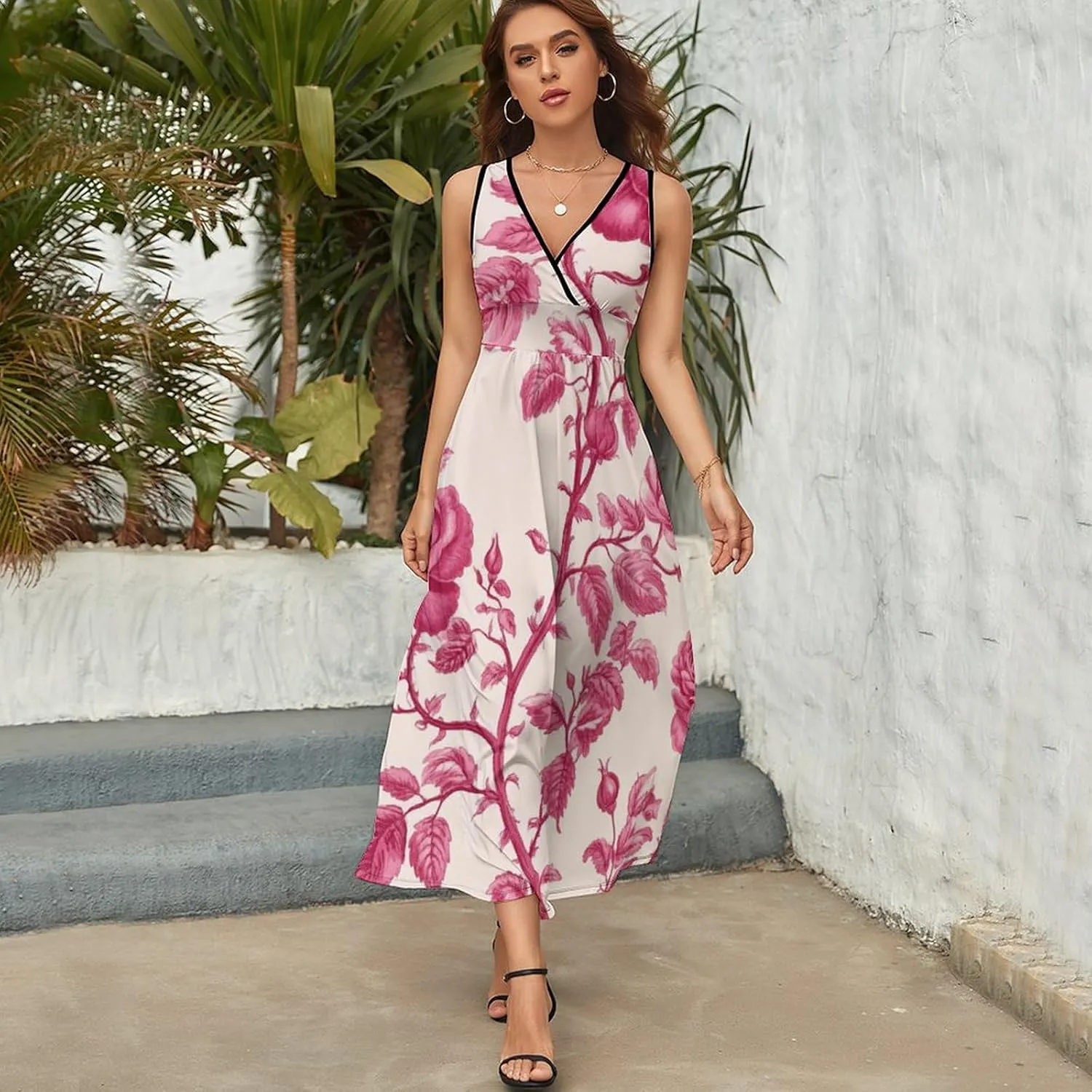 Floral Boho Dress for Women Sleeveless Deep V Neck Maxi Dresses Waist Tank Sundress Casual Summer Wedding Dress