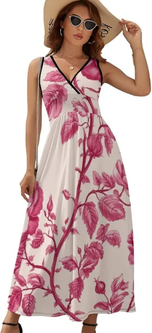 Floral Boho Dress for Women Sleeveless Deep V Neck Maxi Dresses Waist Tank Sundress Casual Summer Wedding Dress