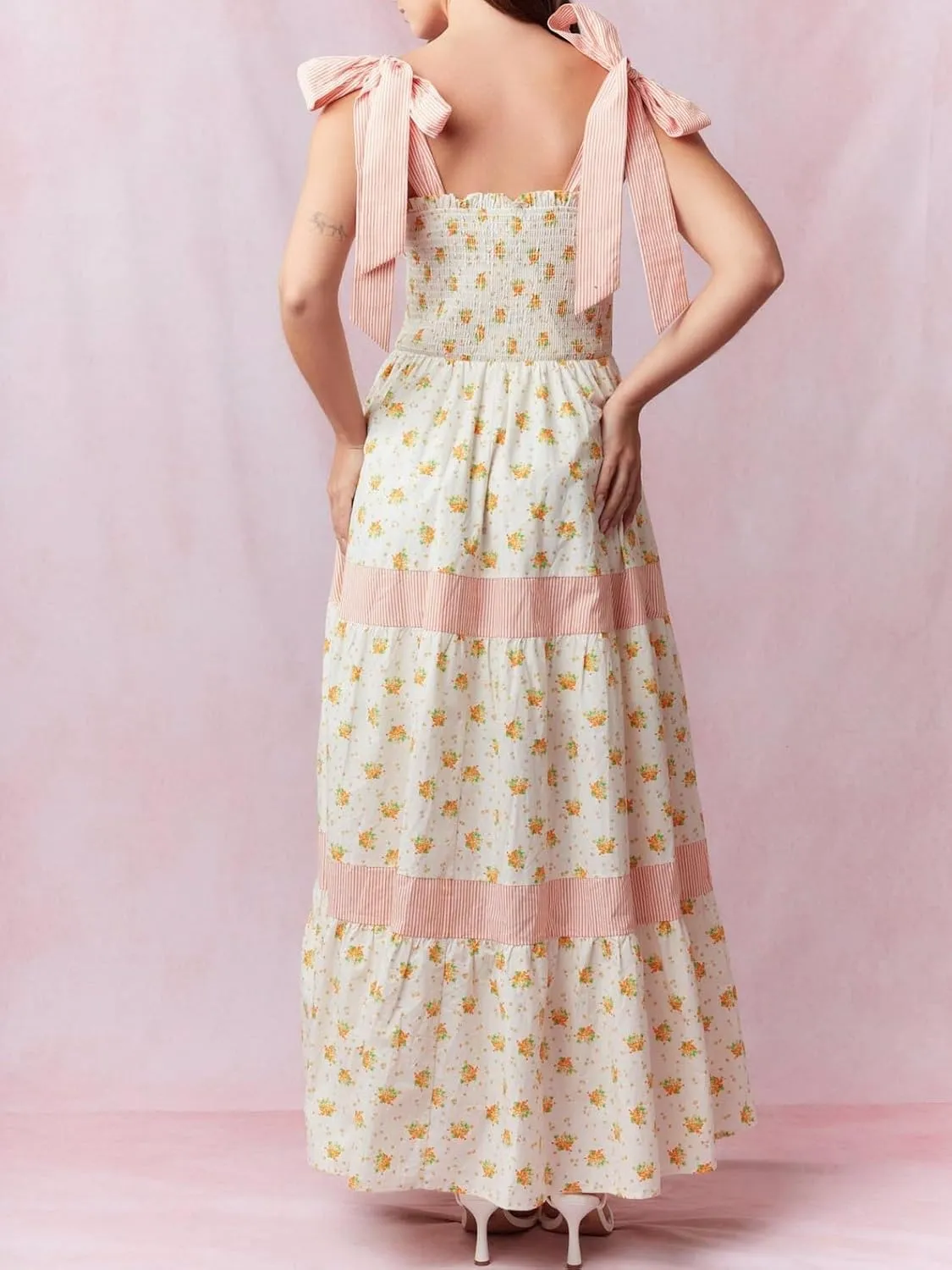 Floral Tie Shoulder Ruffle Maxi Dresses Summer Boho Backless Sleeveless Long Dress Flowy Y2k Smocked Tiered Sundress