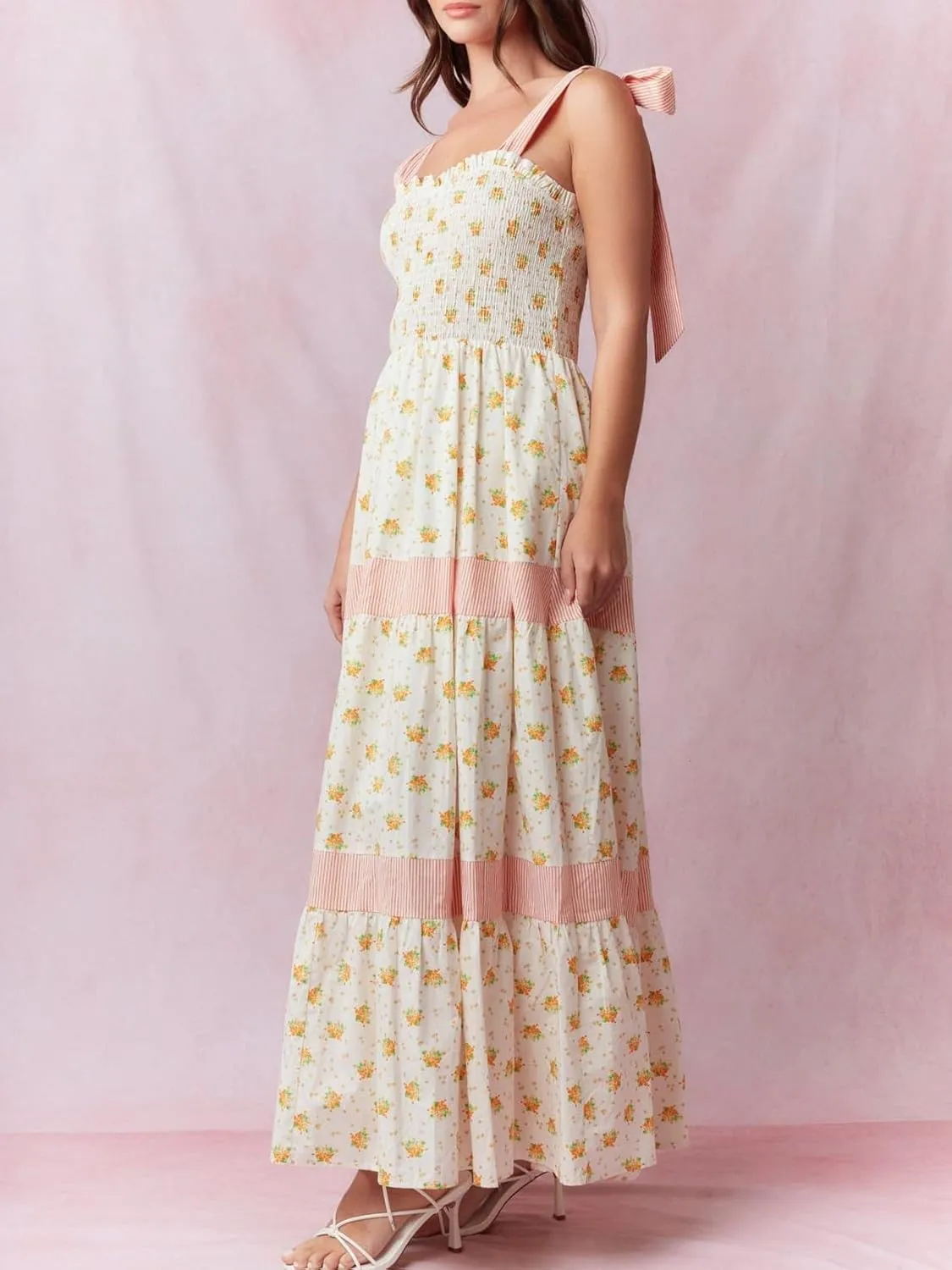 Floral Tie Shoulder Ruffle Maxi Dresses Summer Boho Backless Sleeveless Long Dress Flowy Y2k Smocked Tiered Sundress