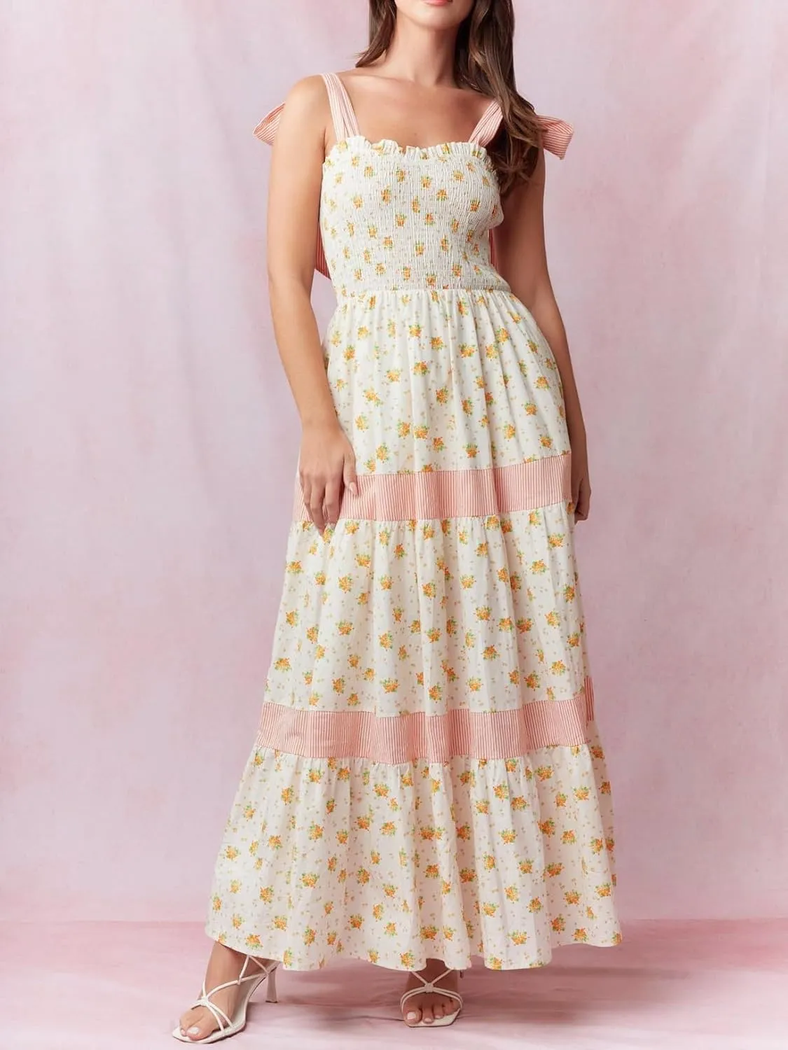 Floral Tie Shoulder Ruffle Maxi Dresses Summer Boho Backless Sleeveless Long Dress Flowy Y2k Smocked Tiered Sundress