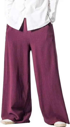 Flygo Mens Linen Pants Casual Wide Leg Baggy Pants Summer Cotton Elastic Waist Yoga Beach Palazzo Trousers(WineRed-XL)
