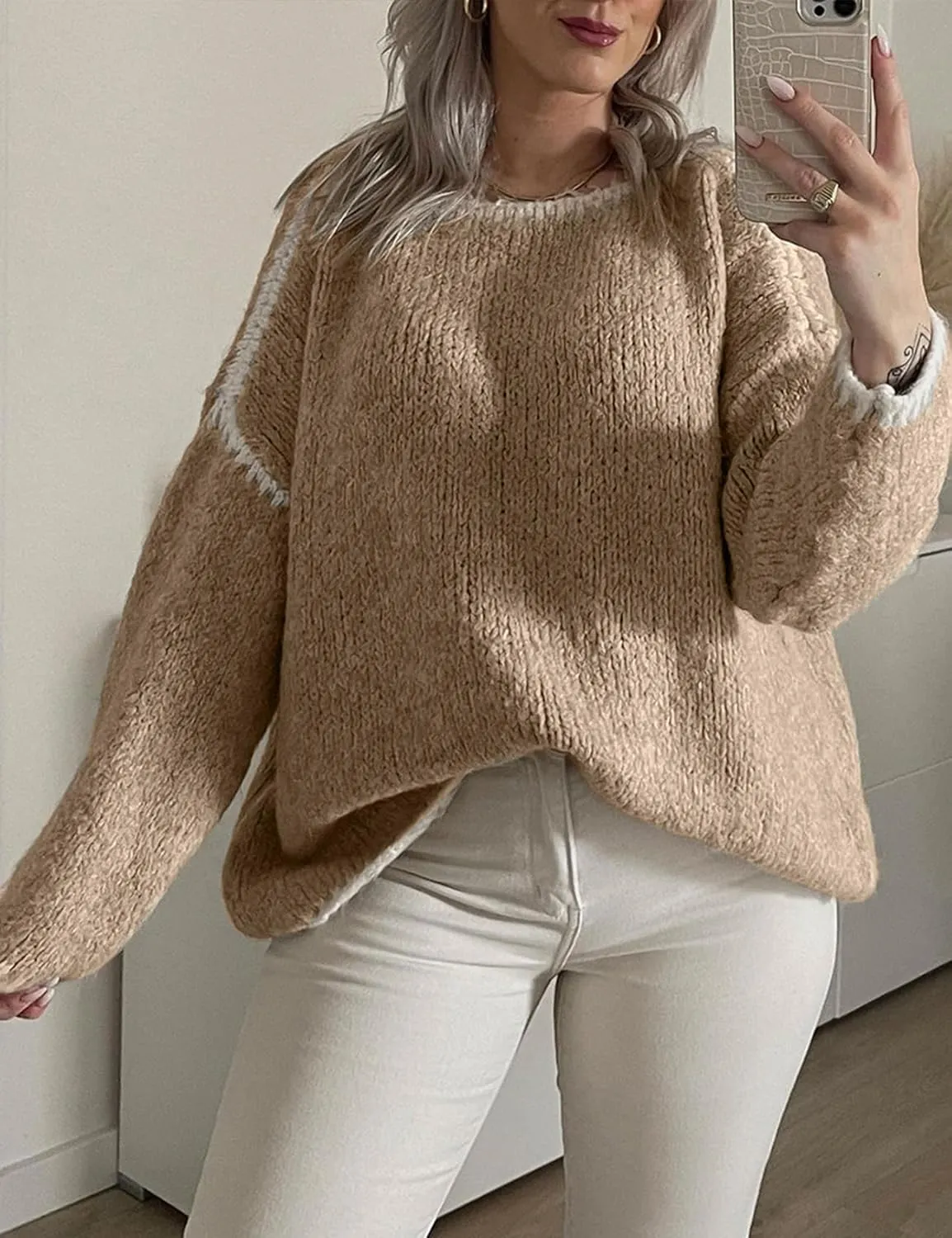 Flygo Oversized Sweaters for Women Long Sleeve Crew Neck Trendy Fall Sweaters Colorblock Chunky Knit Pullover