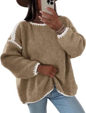 Flygo Oversized Sweaters for Women Long Sleeve Crew Neck Trendy Fall Sweaters Colorblock Chunky Knit Pullover