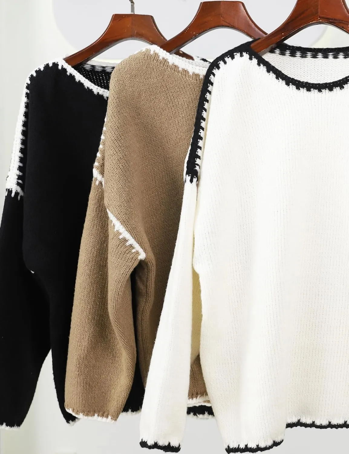 Flygo Oversized Sweaters for Women Long Sleeve Crew Neck Trendy Fall Sweaters Colorblock Chunky Knit Pullover