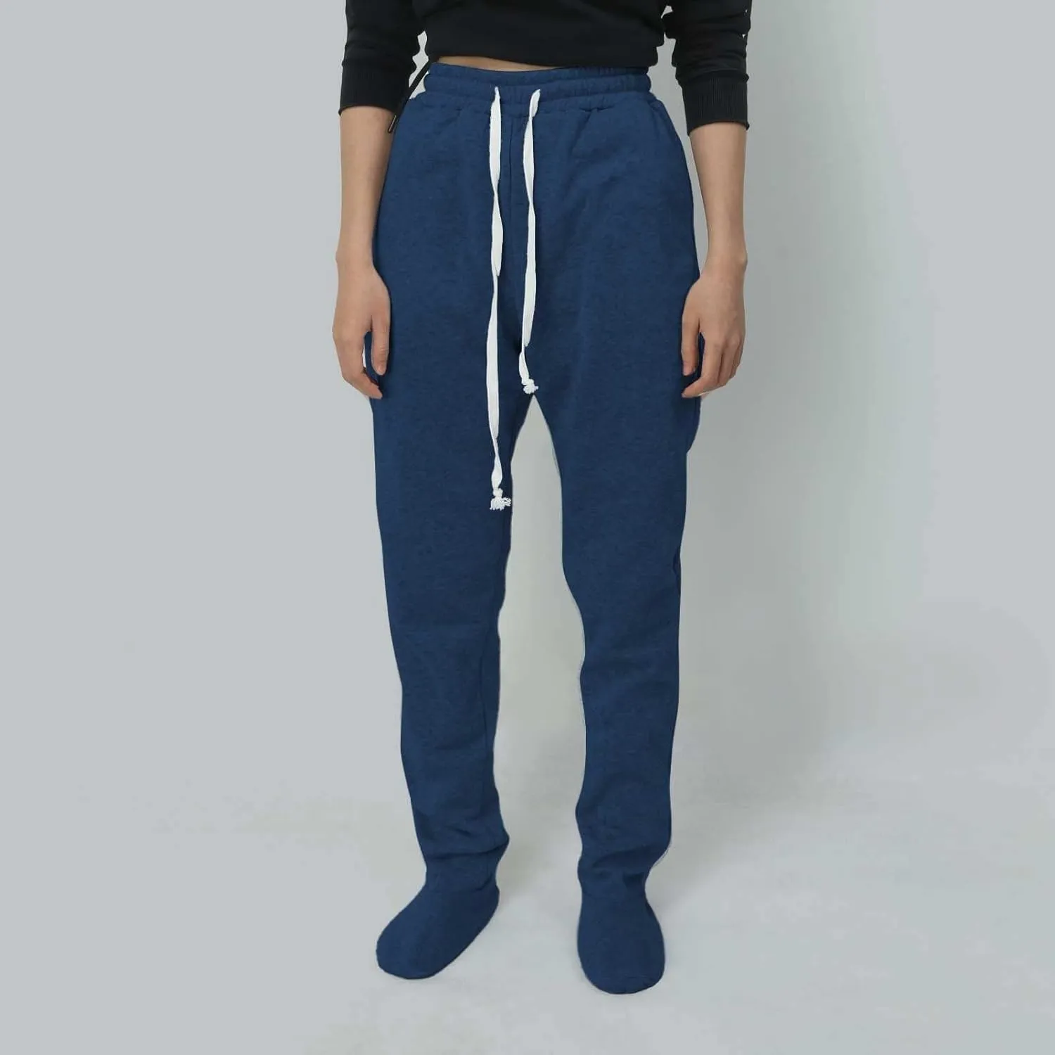 Footed Pajamas For Women Fleece Lined Drawstring Sweatpants With Feet Winter Warm Elastic Waist Sleepwear With Pockets