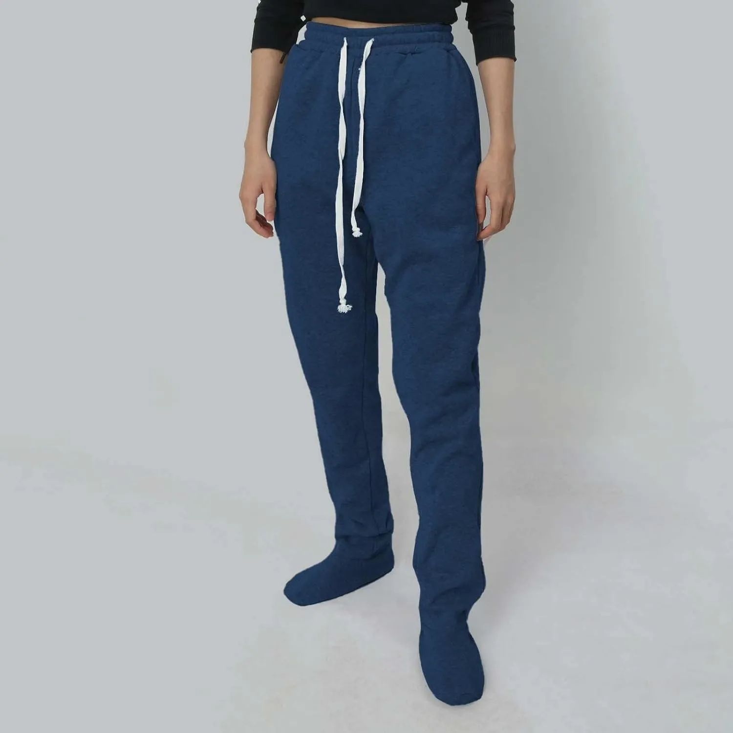 Footed Pajamas For Women Fleece Lined Drawstring Sweatpants With Feet Winter Warm Elastic Waist Sleepwear With Pockets
