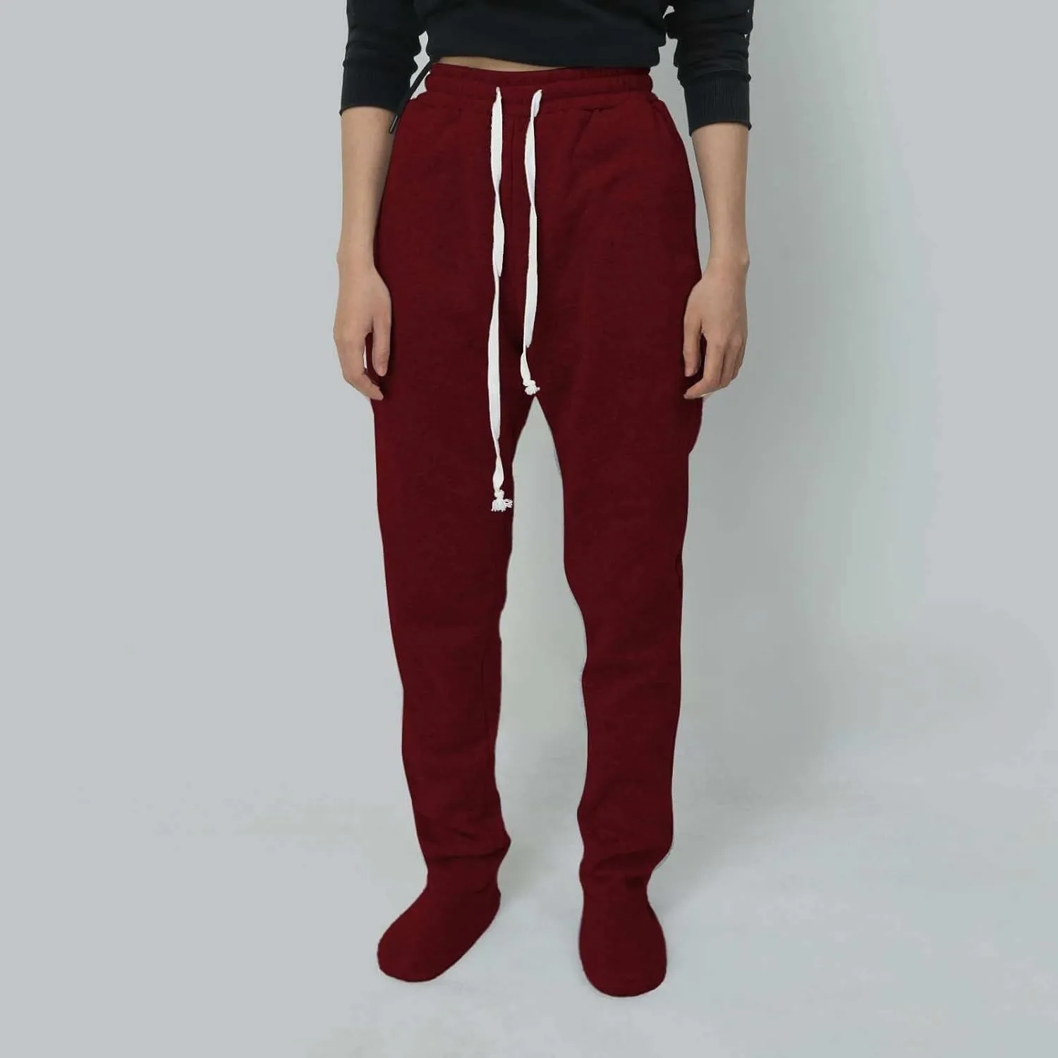Footed Pajamas For Women Fleece Lined Drawstring Sweatpants With Feet Winter Warm Elastic Waist Sleepwear With Pockets