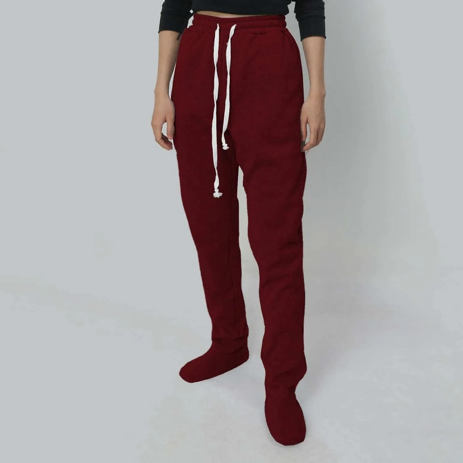 Footed Pajamas For Women Fleece Lined Drawstring Sweatpants With Feet Winter Warm Elastic Waist Sleepwear With Pockets