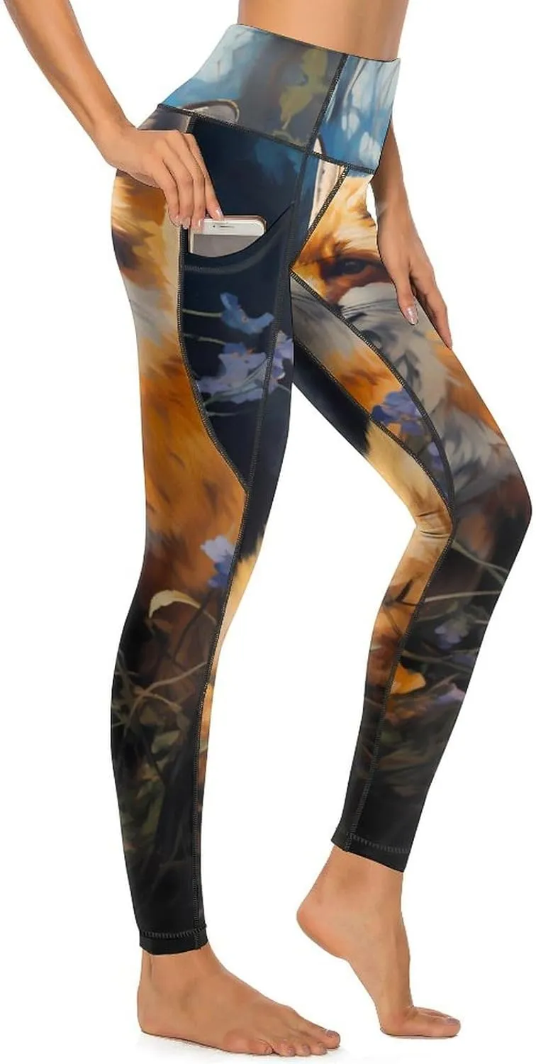 Fox Painting Women's Yoga Pants Leggings with Pockets High Waist Compression Workout Pants