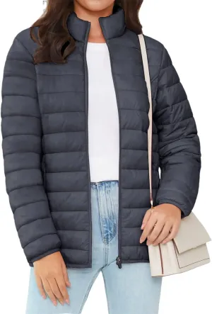 Full Zip Up Puffer Jacket Womens Winter Lightweight Quilted Down Warm Coats Casual White Windbreaker