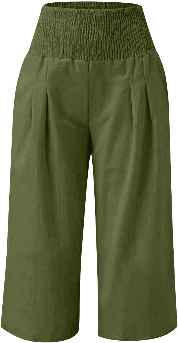 Girls Capri Pants Summer Cotton Linen Wide Leg Palazzo Pants Kids High Waisted Casual Yoga Athletic Cropped Trousers