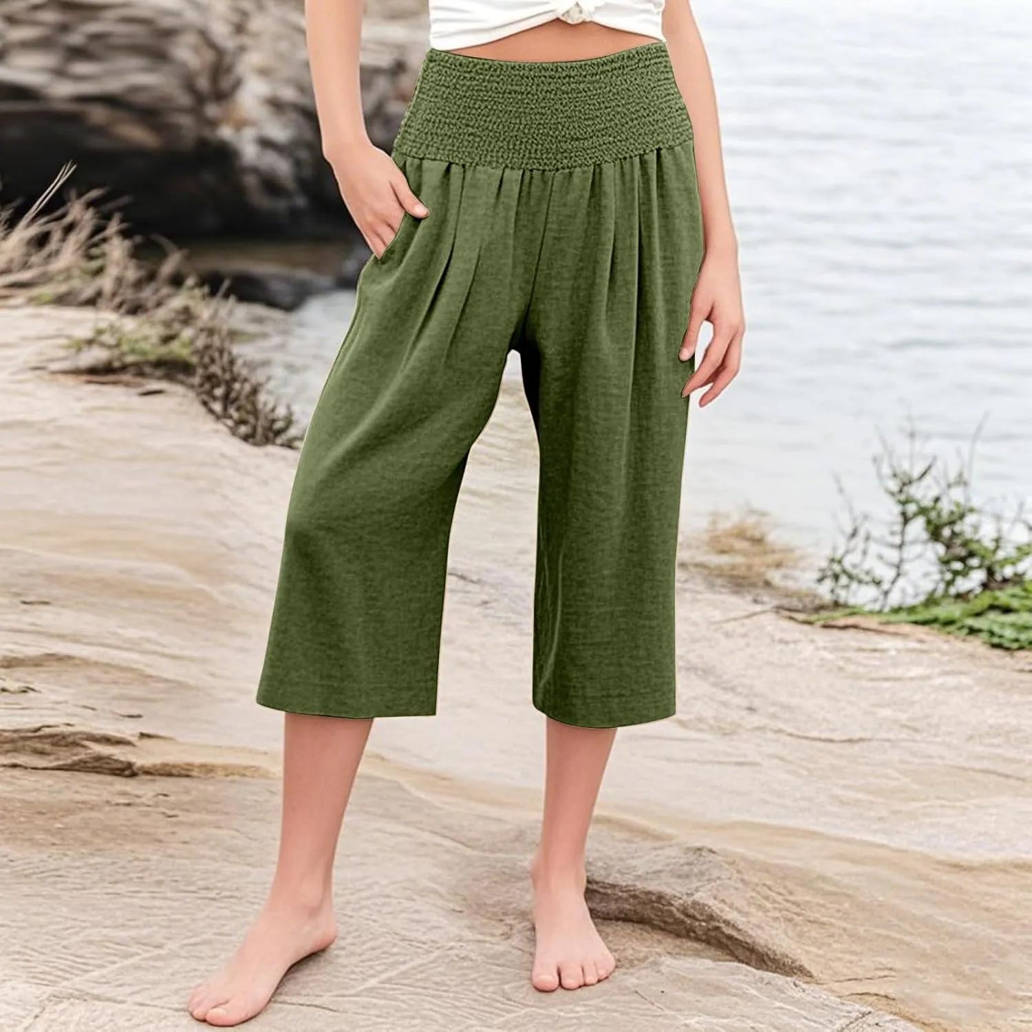 Girls Capri Pants Summer Cotton Linen Wide Leg Palazzo Pants Kids High Waisted Casual Yoga Athletic Cropped Trousers