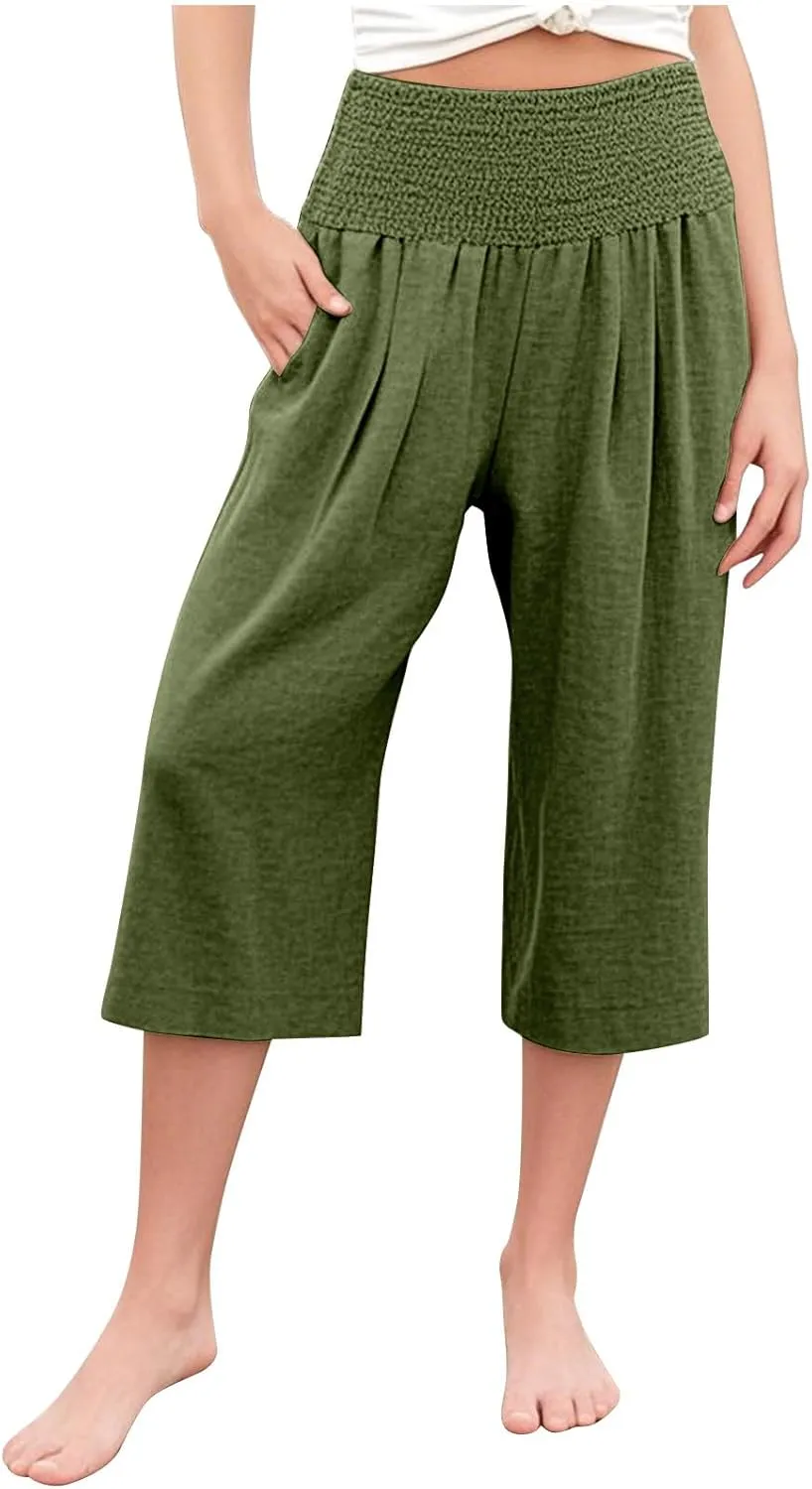 Girls Capri Pants Summer Cotton Linen Wide Leg Palazzo Pants Kids High Waisted Casual Yoga Athletic Cropped Trousers