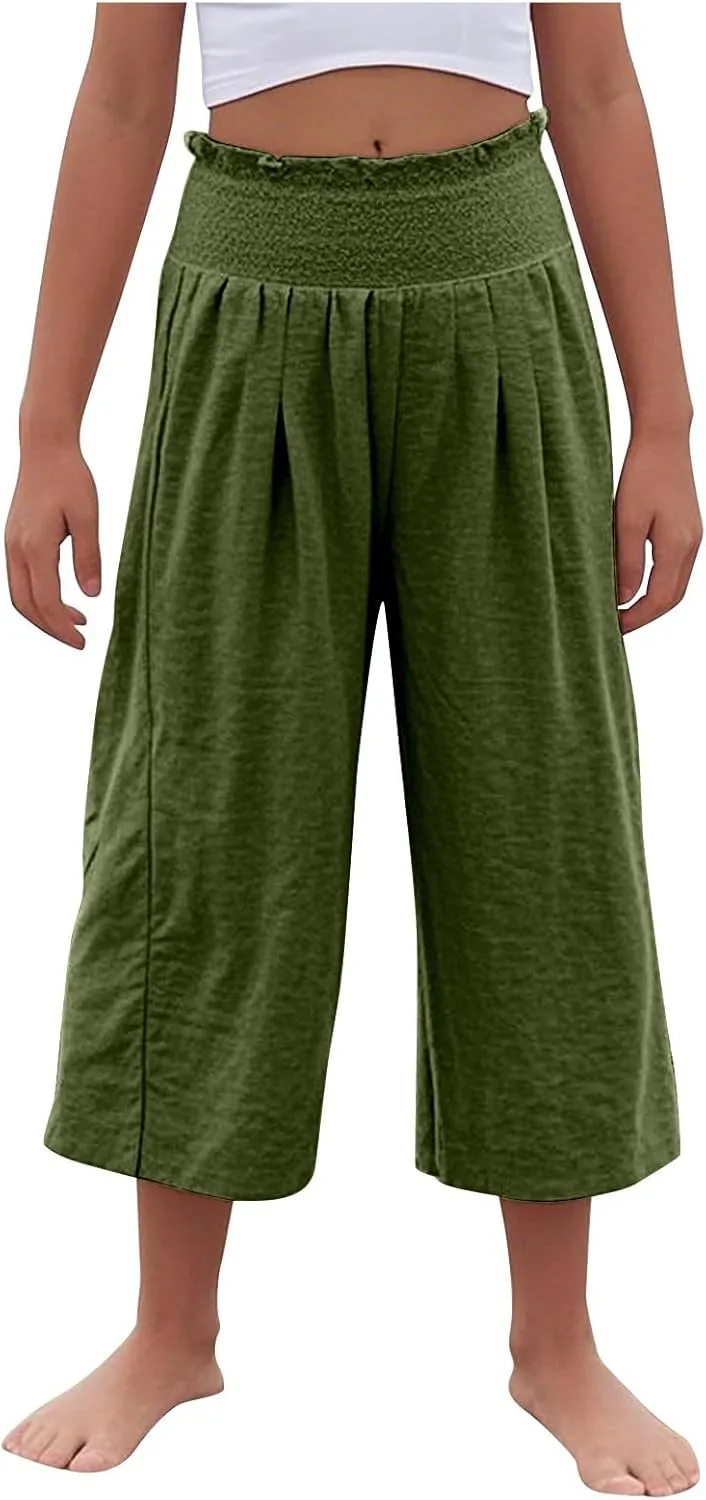 Girls Capri Pants Summer Cotton Linen Wide Leg Palazzo Pants Kids High Waisted Casual Yoga Athletic Cropped Trousers
