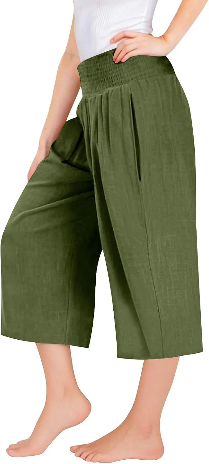 Girls Capri Pants Summer Cotton Linen Wide Leg Palazzo Pants Kids High Waisted Casual Yoga Athletic Cropped Trousers