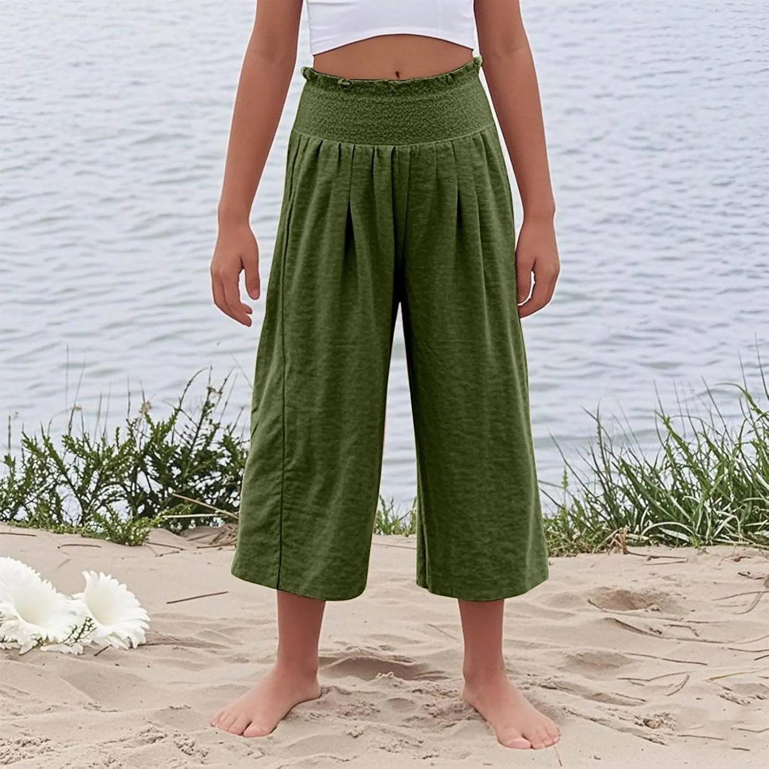 Girls Capri Pants Summer Cotton Linen Wide Leg Palazzo Pants Kids High Waisted Casual Yoga Athletic Cropped Trousers