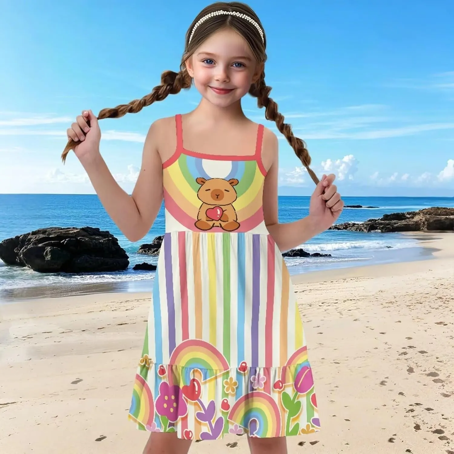 Girls Summer Dress 3-14 Y Kids Casual Spaghetti Strap Tiered Midi Dresses Cute Twirly Skater Party Sundress