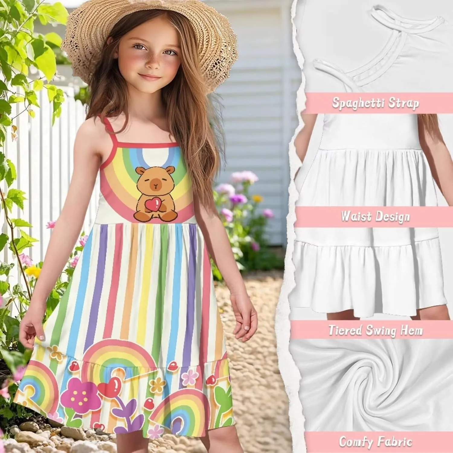 Girls Summer Dress 3-14 Y Kids Casual Spaghetti Strap Tiered Midi Dresses Cute Twirly Skater Party Sundress
