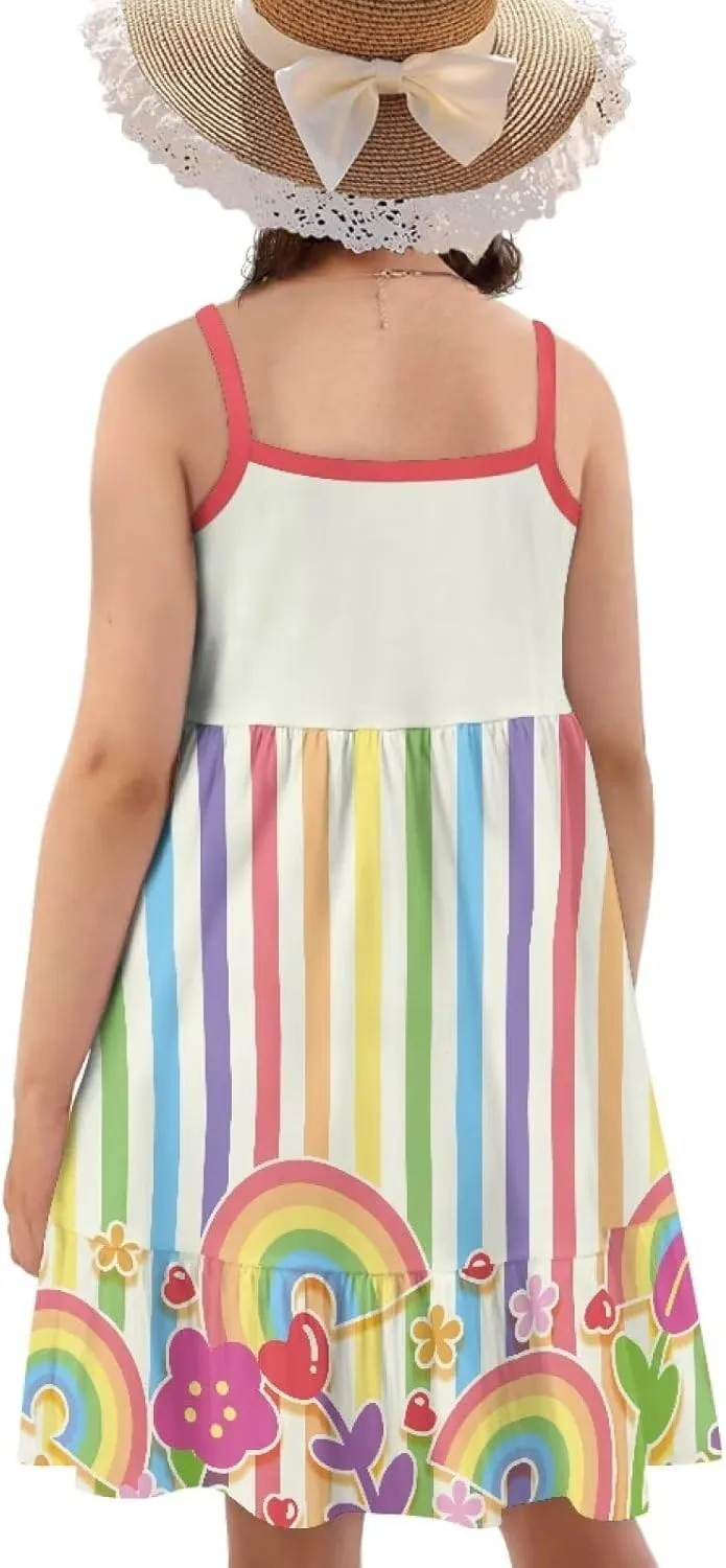 Girls Summer Dress 3-14 Y Kids Casual Spaghetti Strap Tiered Midi Dresses Cute Twirly Skater Party Sundress
