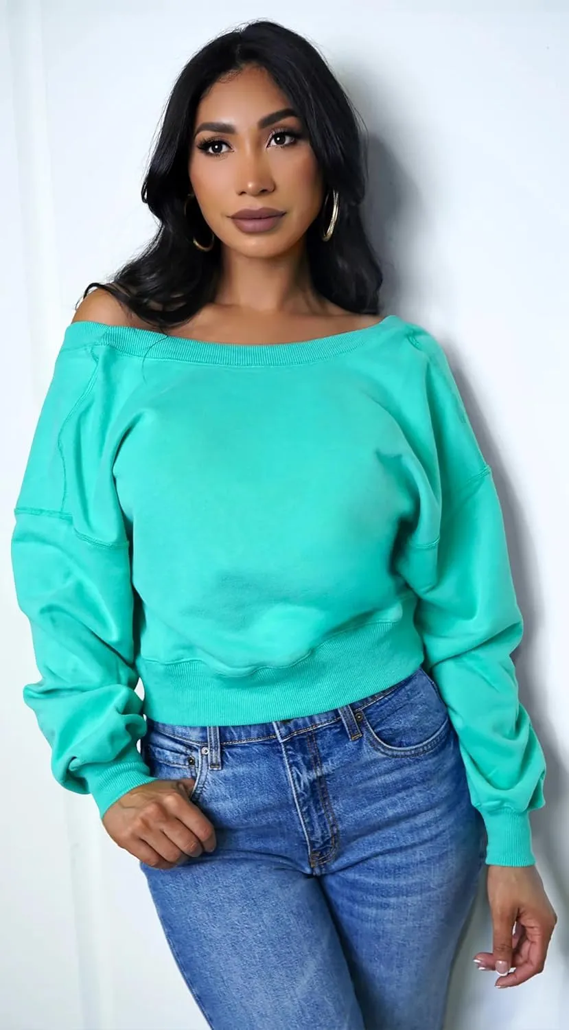 GOKATOSAU Women's V Back Long Sleeve Crop Tops One Shoulder Pullover Loose Crewneck Sweatshirts