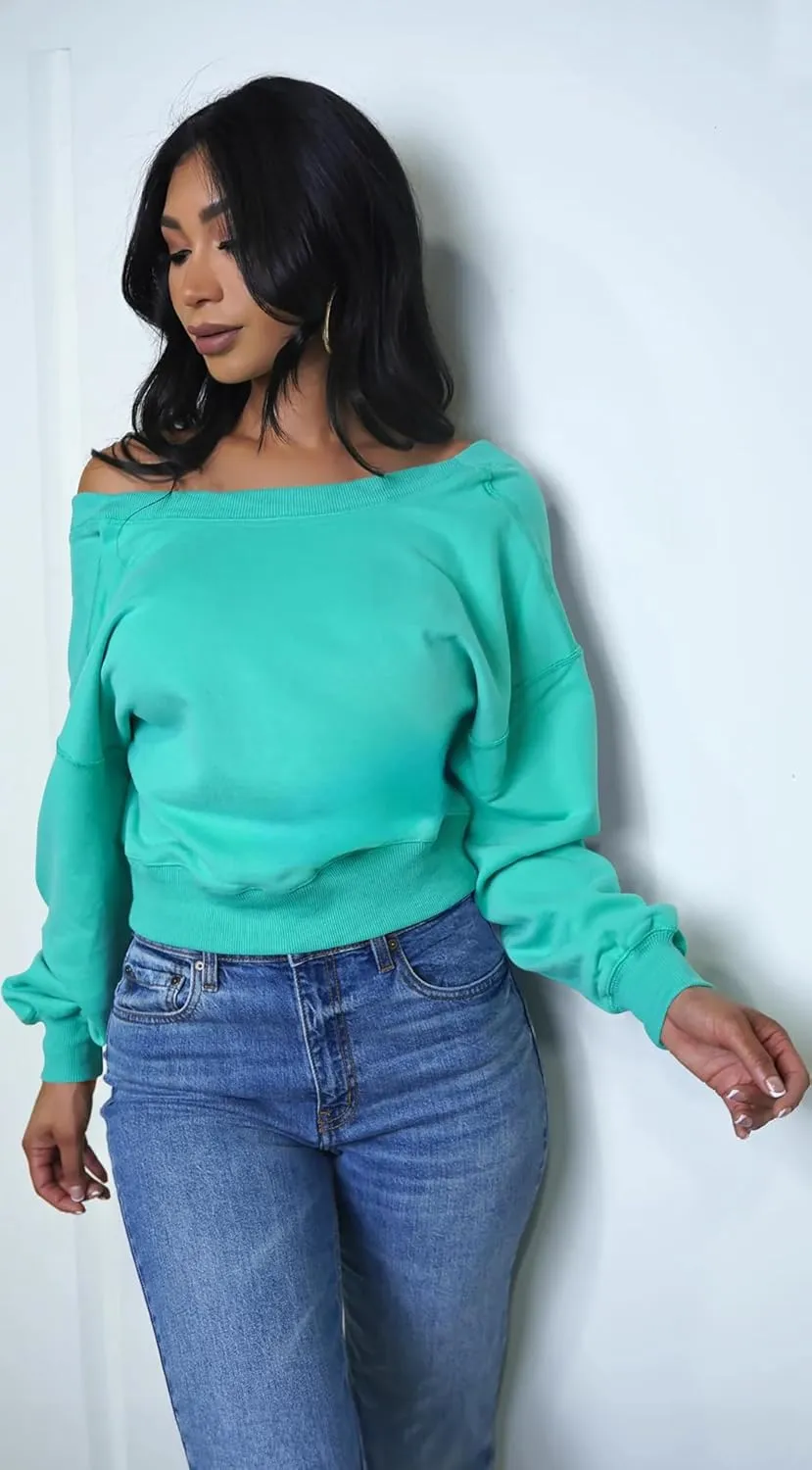 GOKATOSAU Women's V Back Long Sleeve Crop Tops One Shoulder Pullover Loose Crewneck Sweatshirts