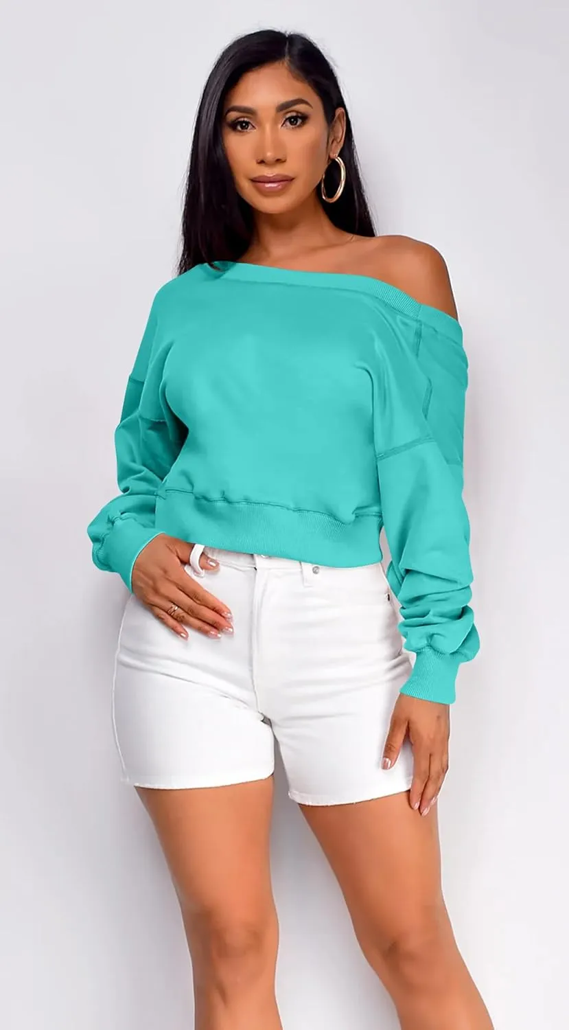 GOKATOSAU Women's V Back Long Sleeve Crop Tops One Shoulder Pullover Loose Crewneck Sweatshirts