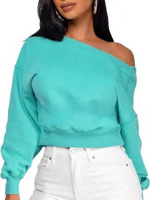 GOKATOSAU Women's V Back Long Sleeve Crop Tops One Shoulder Pullover Loose Crewneck Sweatshirts