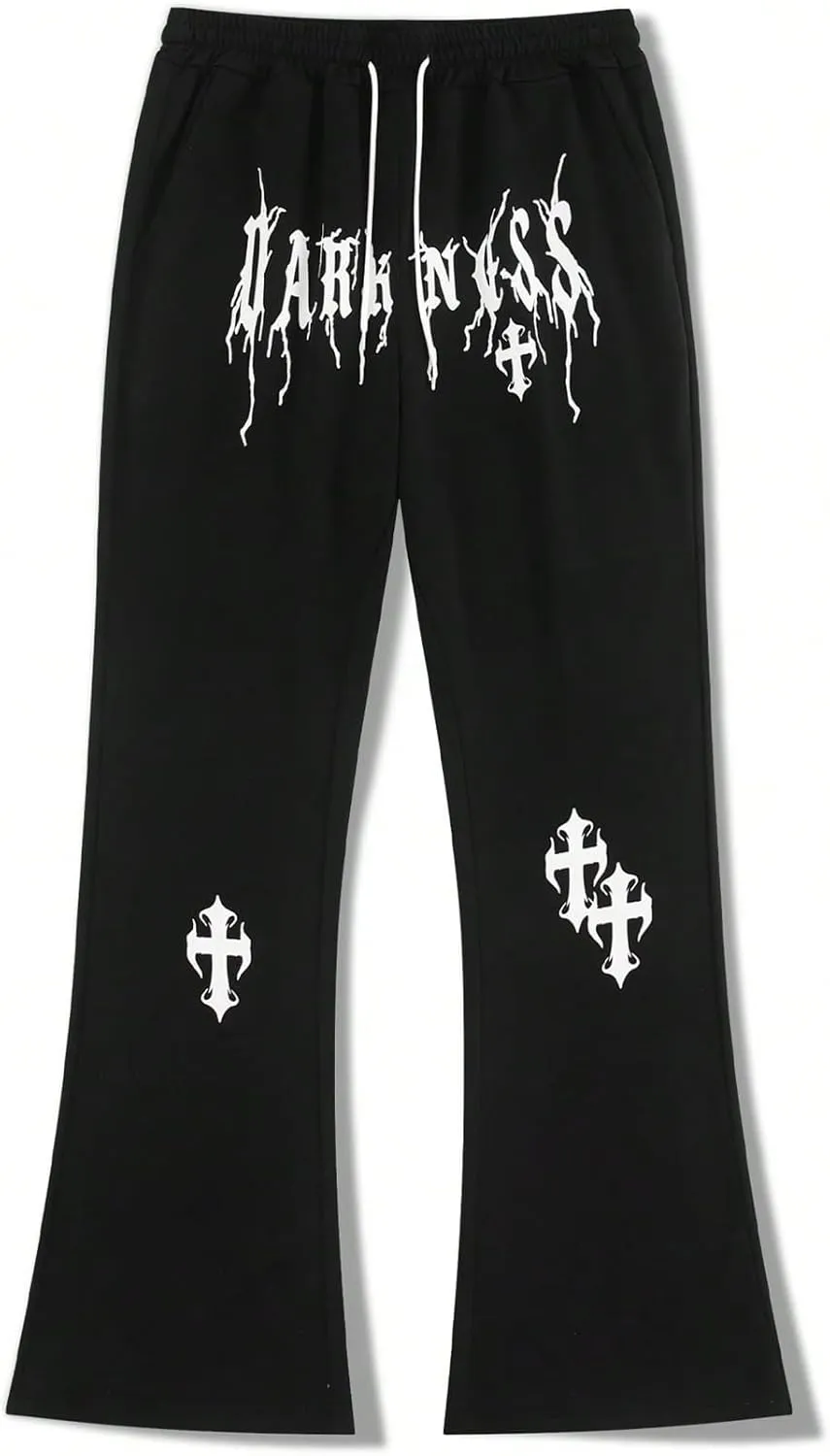 GORGLITTER Men's Letter Graphic Drawstring Waist Pants Stacked Flared Cool Sweatpants with Pockets