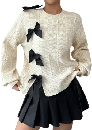 GORGLITTER Women's Bow Sweater Long Sleeve Split Hem Cable Knit Fall Pullover Sweaters