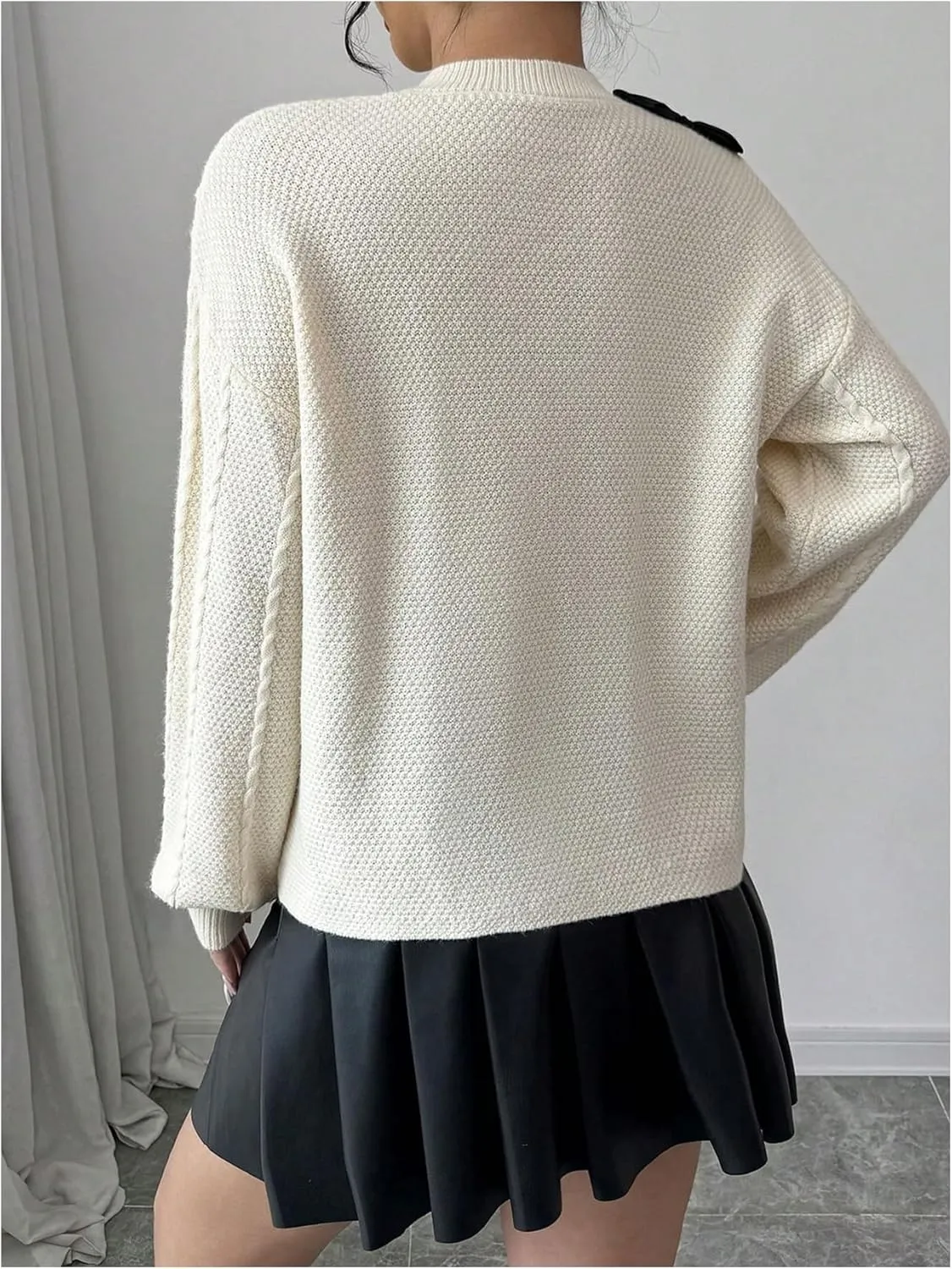 GORGLITTER Women's Bow Sweater Long Sleeve Split Hem Cable Knit Fall Pullover Sweaters