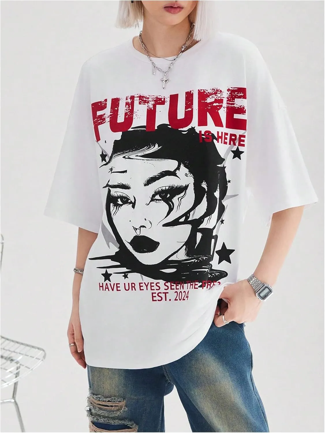 GORGLITTER Women's Figure Graphic Oversized Loose Half Sleeve T Shirts Streetwear Casual Crewneck Tee Top