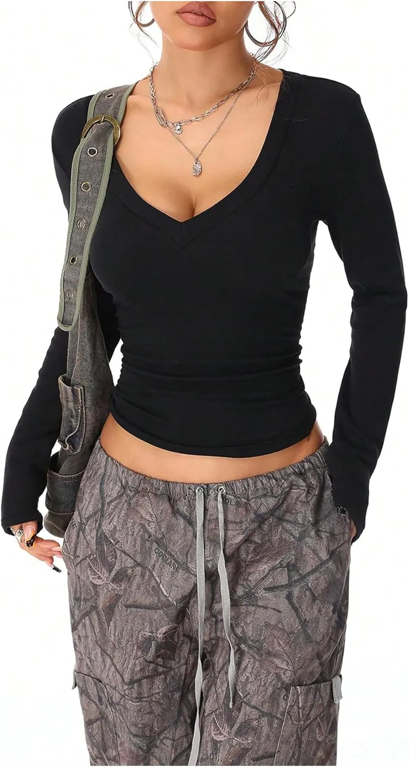 GORGLITTER Women's Y2k Camo Print Ruched Tee Top V Neck Long Sleeve Slim T Shirts