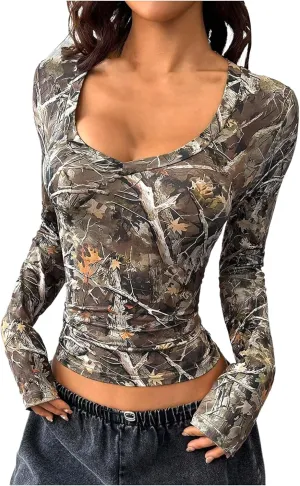 GORGLITTER Women's Y2k Camo Print Ruched Tee Top V Neck Long Sleeve Slim T Shirts