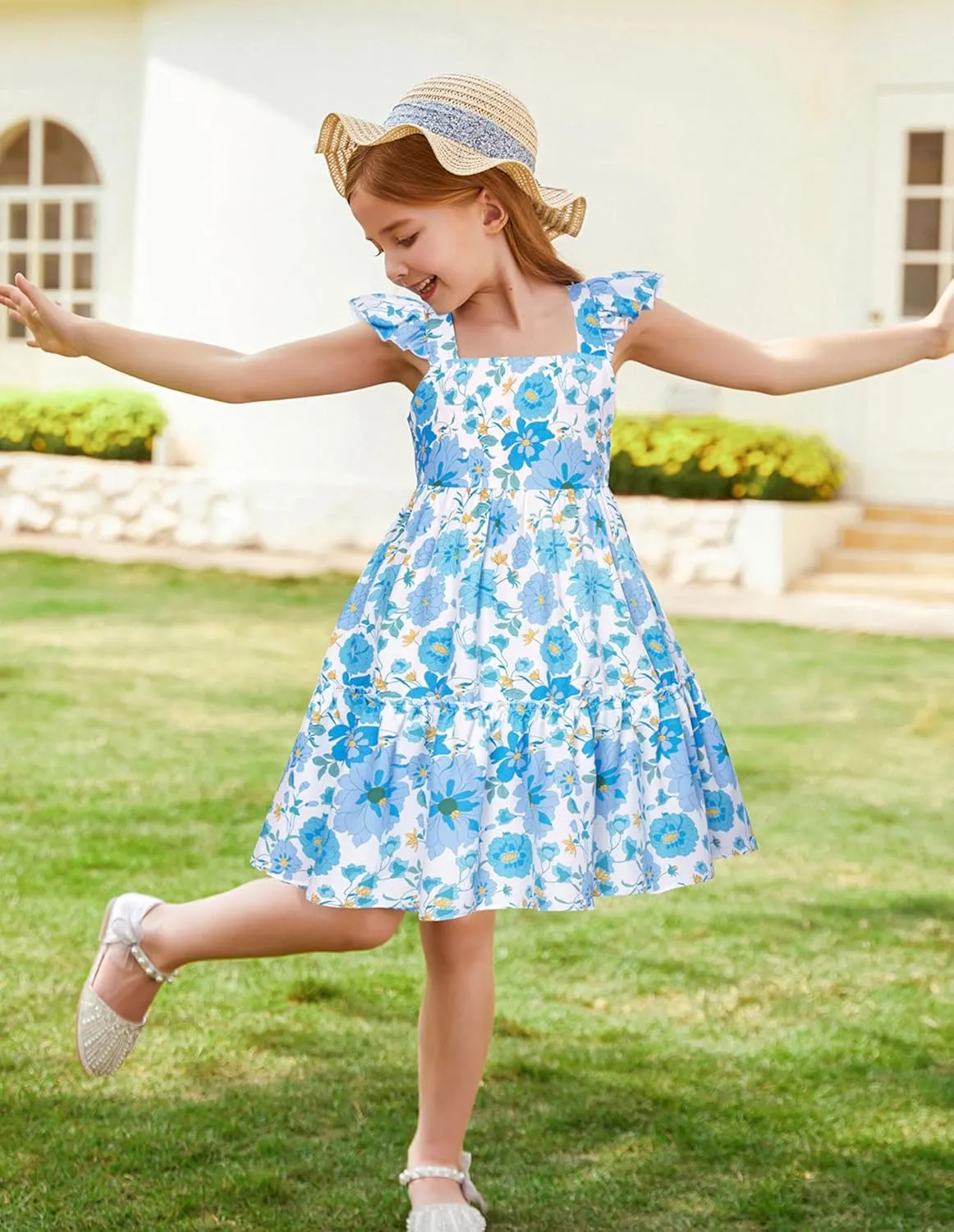 GRACE KARIN Girls Floral Dress Tie Back Flutter Sleeves Casual Summer Dress for 5-12Y