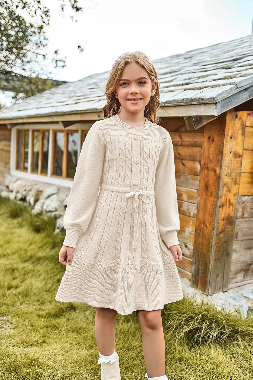 GRACE KARIN Girls Sweater Dress Fall Winter Long Sleeve Kids Fashion Drawstring Waist Cable Knit Dresses Size 5-12