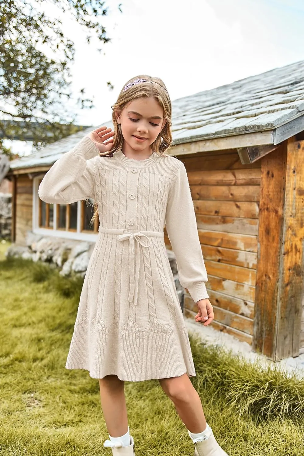 GRACE KARIN Girls Sweater Dress Fall Winter Long Sleeve Kids Fashion Drawstring Waist Cable Knit Dresses Size 5-12