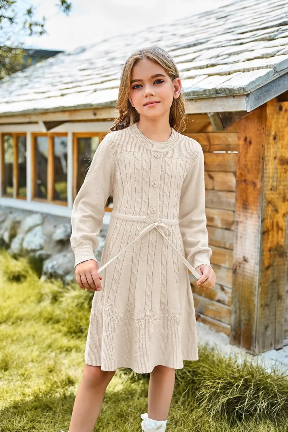 GRACE KARIN Girls Sweater Dress Fall Winter Long Sleeve Kids Fashion Drawstring Waist Cable Knit Dresses Size 5-12