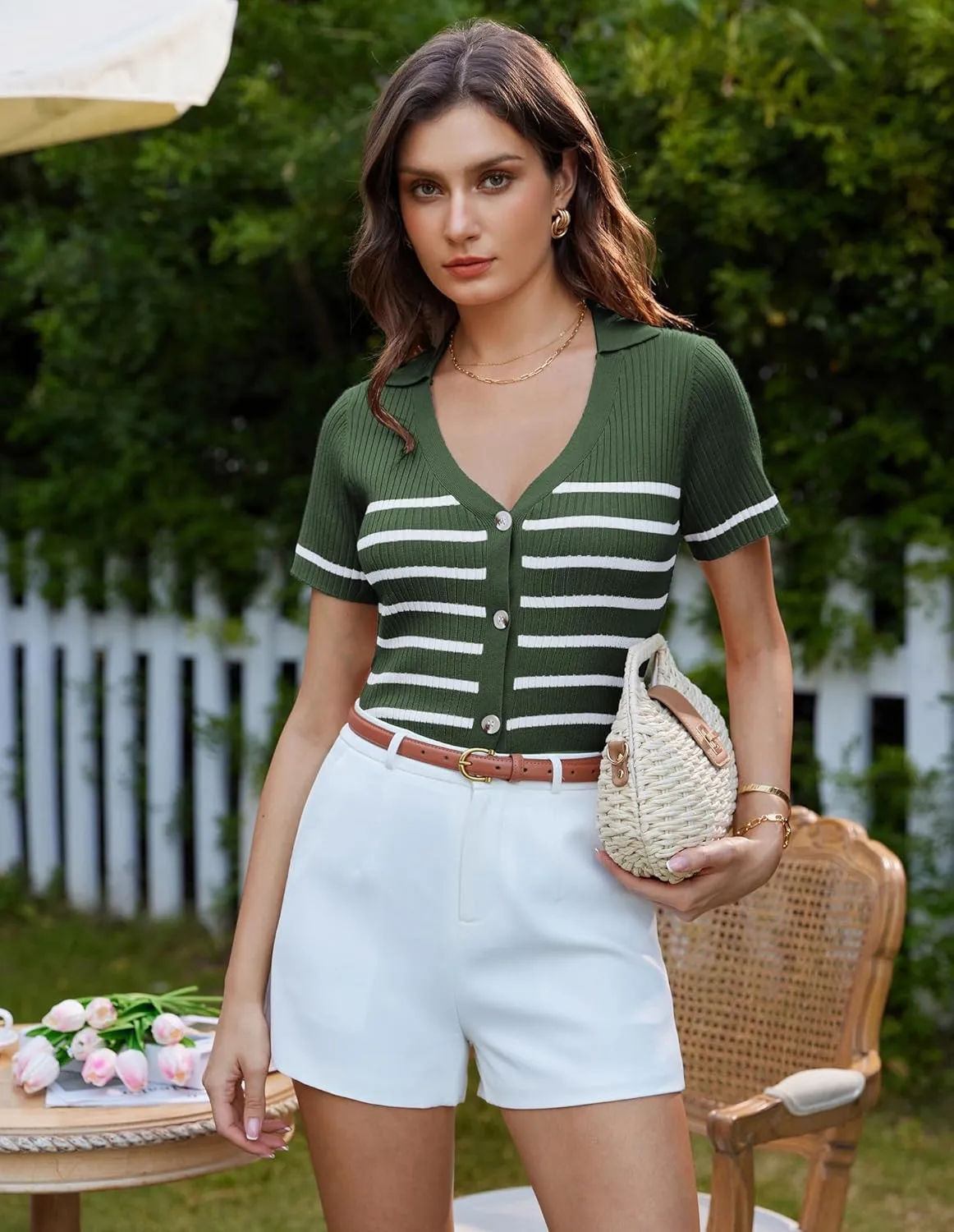 GRACE KARIN Womens Short Sleeve Sweater Tops V Neck Knitted Striped Shirts Casual Collared Work Top Comfy 2025 Summer