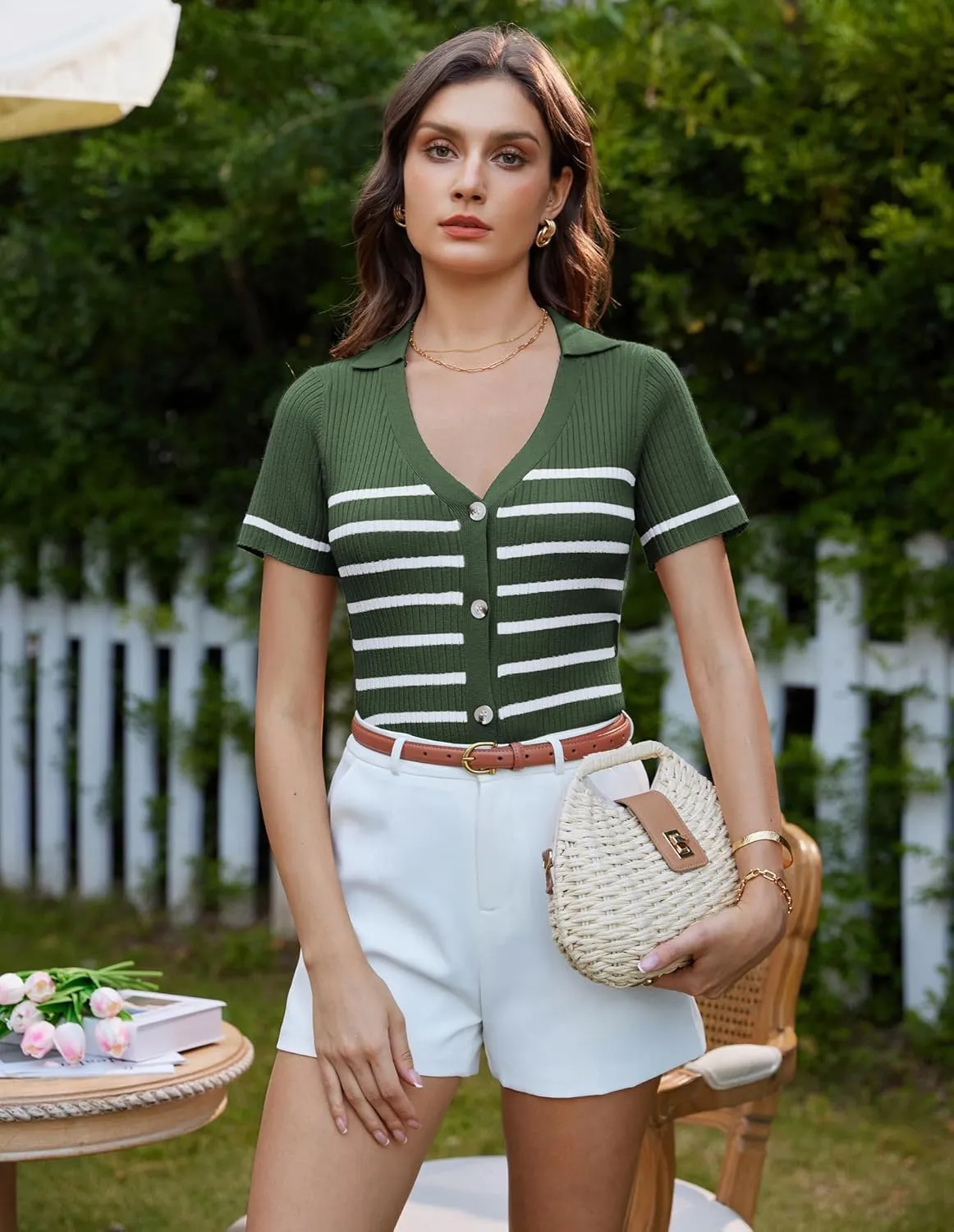 GRACE KARIN Womens Short Sleeve Sweater Tops V Neck Knitted Striped Shirts Casual Collared Work Top Comfy 2025 Summer