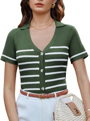 GRACE KARIN Womens Short Sleeve Sweater Tops V Neck Knitted Striped Shirts Casual Collared Work Top Comfy 2025 Summer