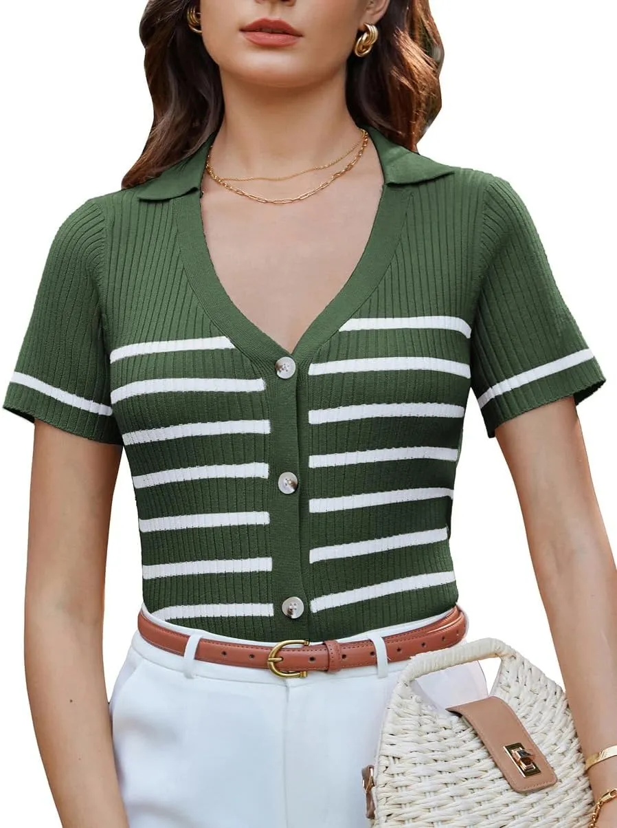GRACE KARIN Womens Short Sleeve Sweater Tops V Neck Knitted Striped Shirts Casual Collared Work Top Comfy 2025 Summer