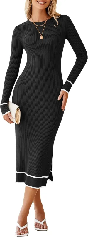 HAEOF Womens 2024 Long Sleeve Bodycon Sweater Dress Ribbed Knit Crewneck Trendy Side Slit Fall Winter Midi Dresses