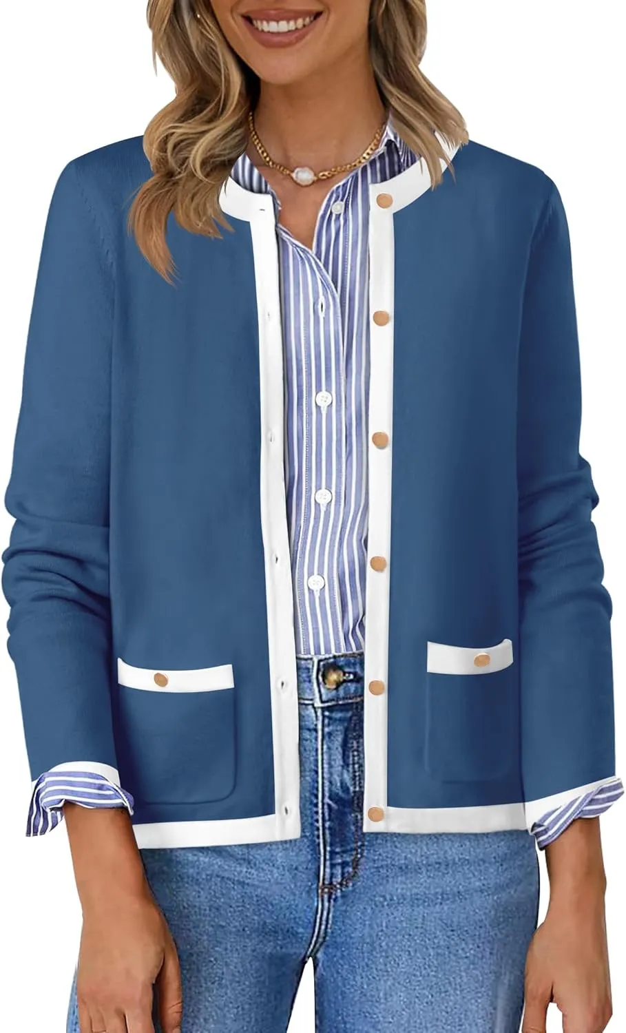 HAEOF Womens 2025 Fall Long Sleeve Button Up Cardigan Sweaters Crewneck Soft Lightweight Dressy Trendy Outwear with Pockets