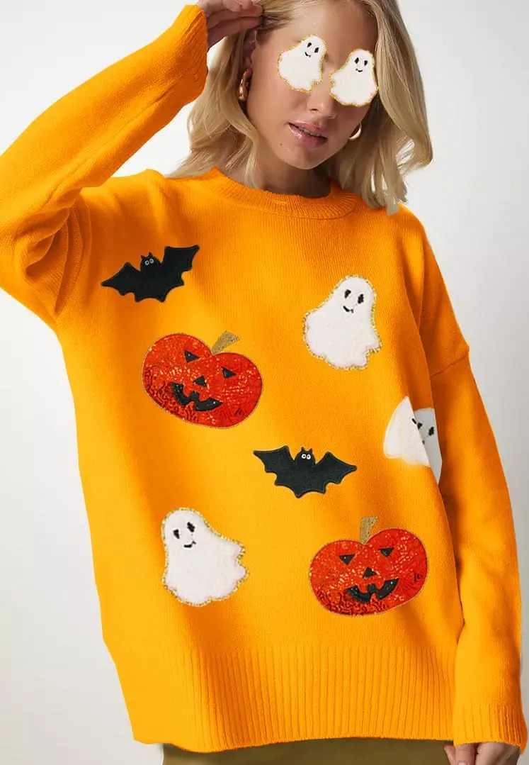 Halloween Pumpkin Ghost Skeleton Ugly Sweater Y2k Fairy Graphic Sweatshirt Holiday Party Long Sleeve Pullover Tops