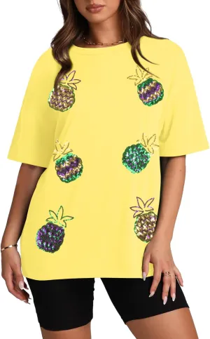 Hawaiian Shirt for Women Oversized Beach Glitter Patch Shirt Floral Sequin Print Tops Summer Beach Color Block Tee