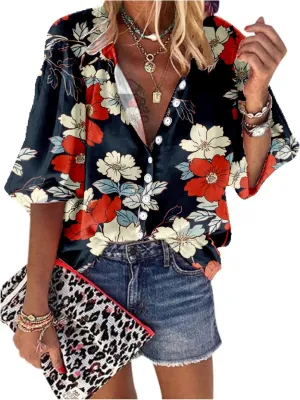 Hawaiian Shirts for Women 3/4 Length Sleeve Womens Tops Casual Loose Fitted Button Down Shirts for Women